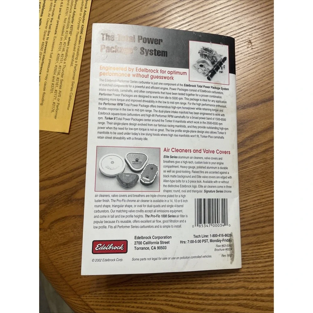 Edelbrock Performer series carburetor Owners Manual for 1403 to 1413 please read
